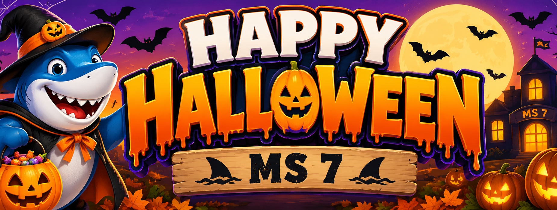A festive Halloween scene featuring a cartoon shark, pumpkins, bats, and a moon.