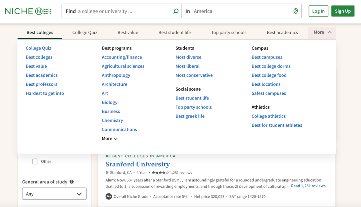 Screenshot of the best colleges menu on niche.com