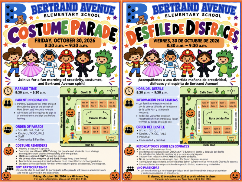 Flyer for Bertrand Avenue Elementary's October 30, 2026 Costume Parade from 8:30 a.m. to 9:30 a.m. / Folleto para el desfile de disfraces de la escuela primaria Bertrand Avenue, que tendrá lugar el 30 de octubre de 2026, de 8:30 a. m. a 9:30 a. m.