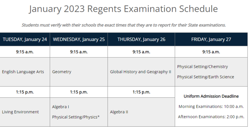 January Regents Schedule