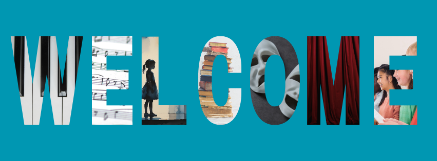 The word "welcome" with various images representing music and drama