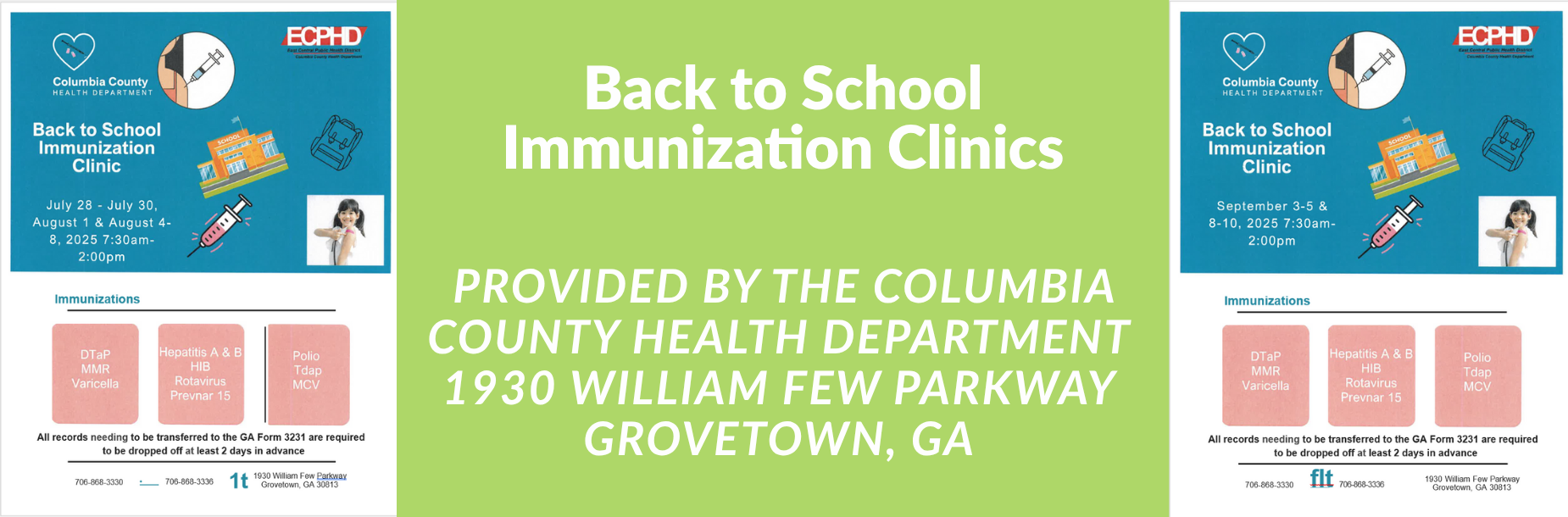 Back to School Immunization Clinics advertisement with clinic details and dates.