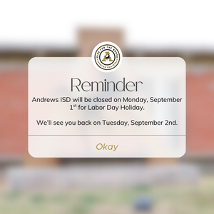 Reminder; No School Monday, Sept. 1st