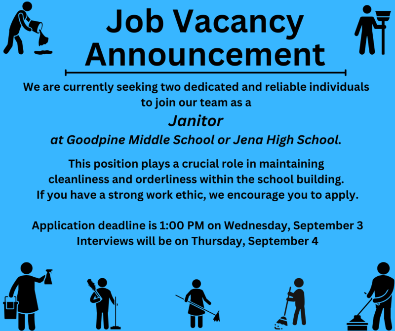Blue background with pictures of janitors