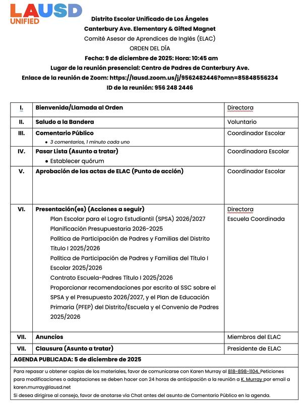 ELAC Meeting December 9, 2025, 10:45 am