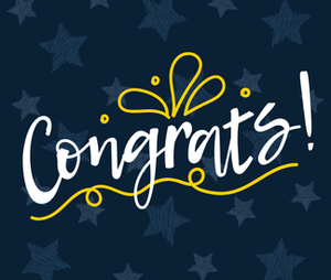 White and yellow congrats! on a dark navy background