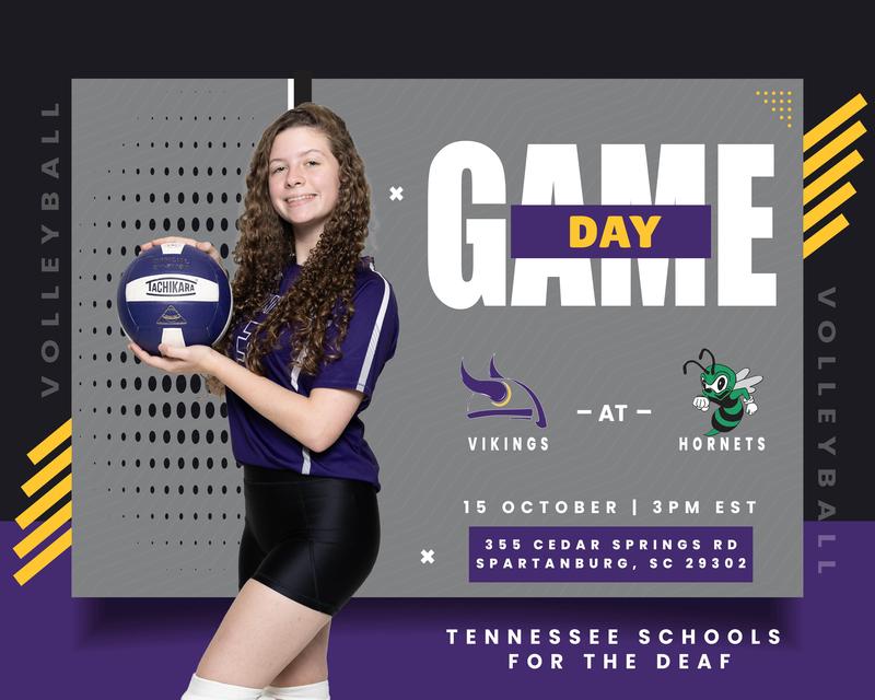 A girl holding a volleyball with game details and school logos.
