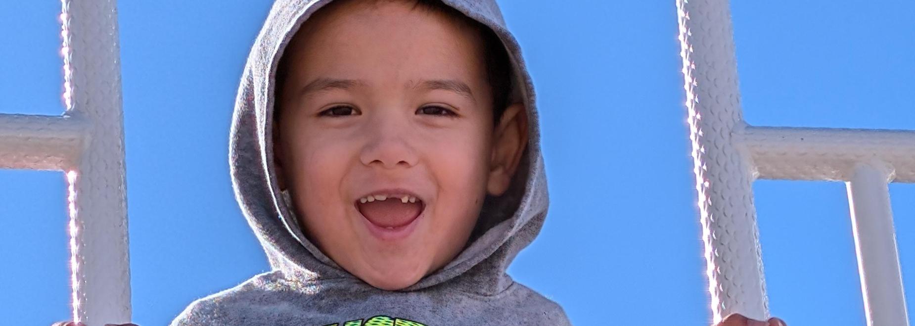 Child in a grey hoodie on playground equipment against a blue sky.