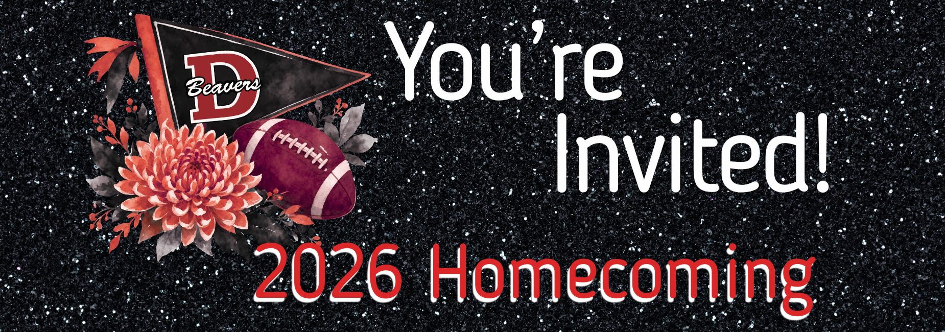 Graphic featuring a football and flowers inviting to the 2026 Homecoming.