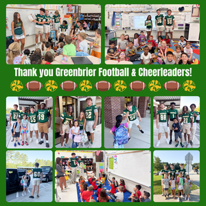 Students engage with Greenbrier Football players and cheerleaders in a classroom setting.