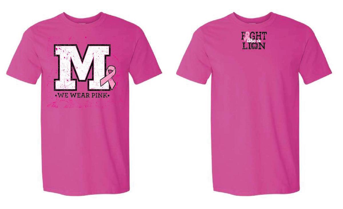 Pink shirt, front and back, says, "We Wear Pink" and "Fight like a Lion"