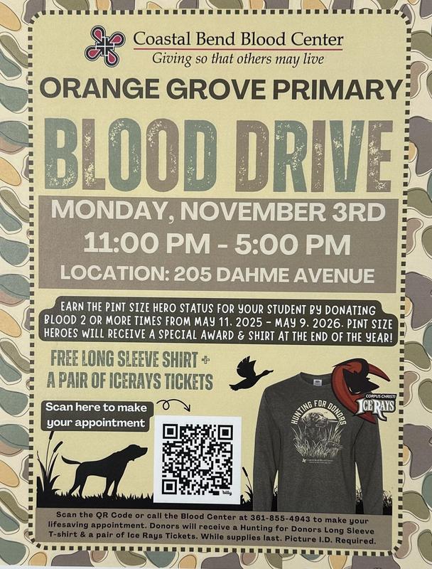 Coastal Bend Blood Drive - Primary Campus - Monday, November 3rd 11am-5pm