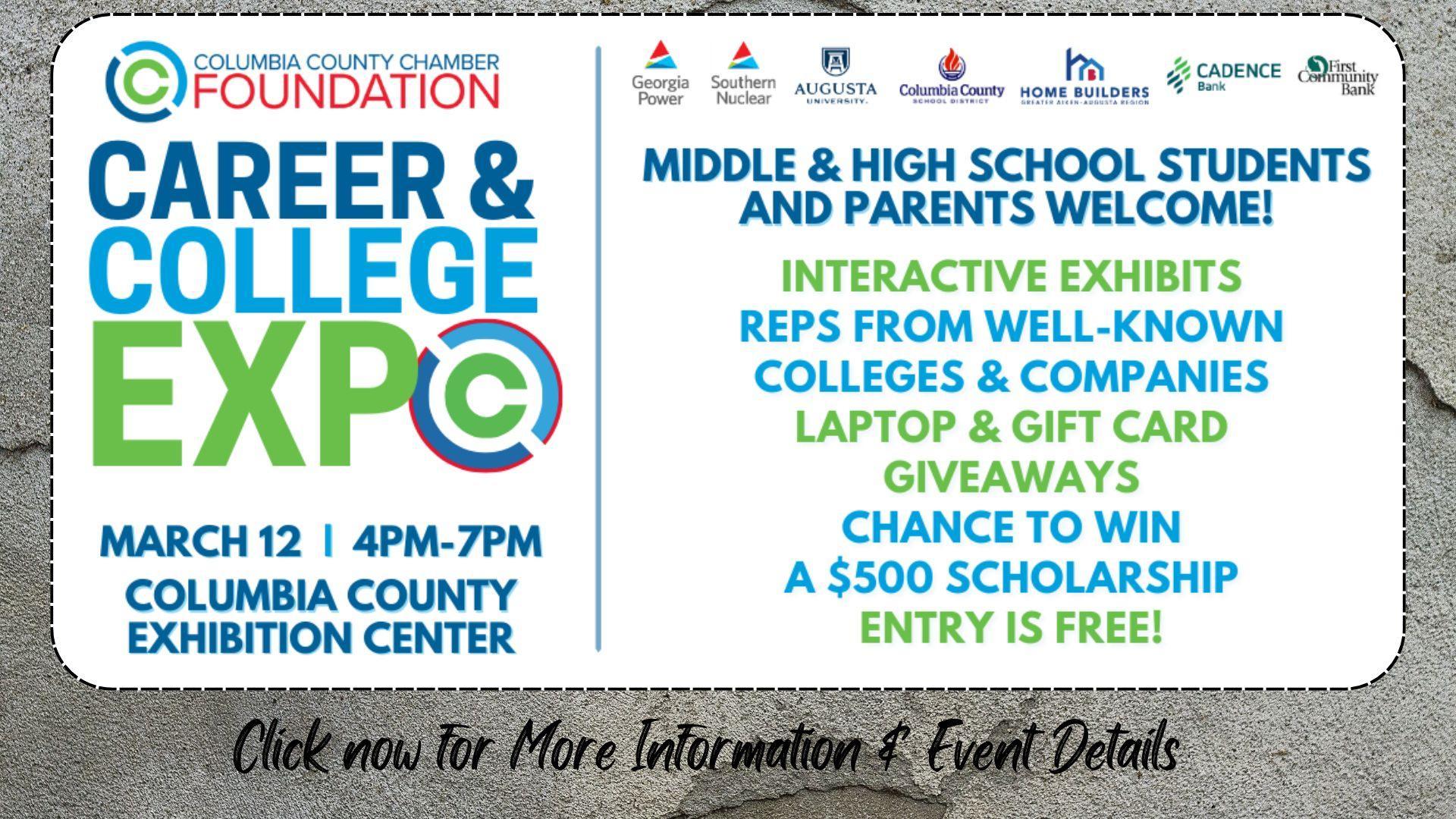 Event flyer for a career and college expo with details and a call to action.