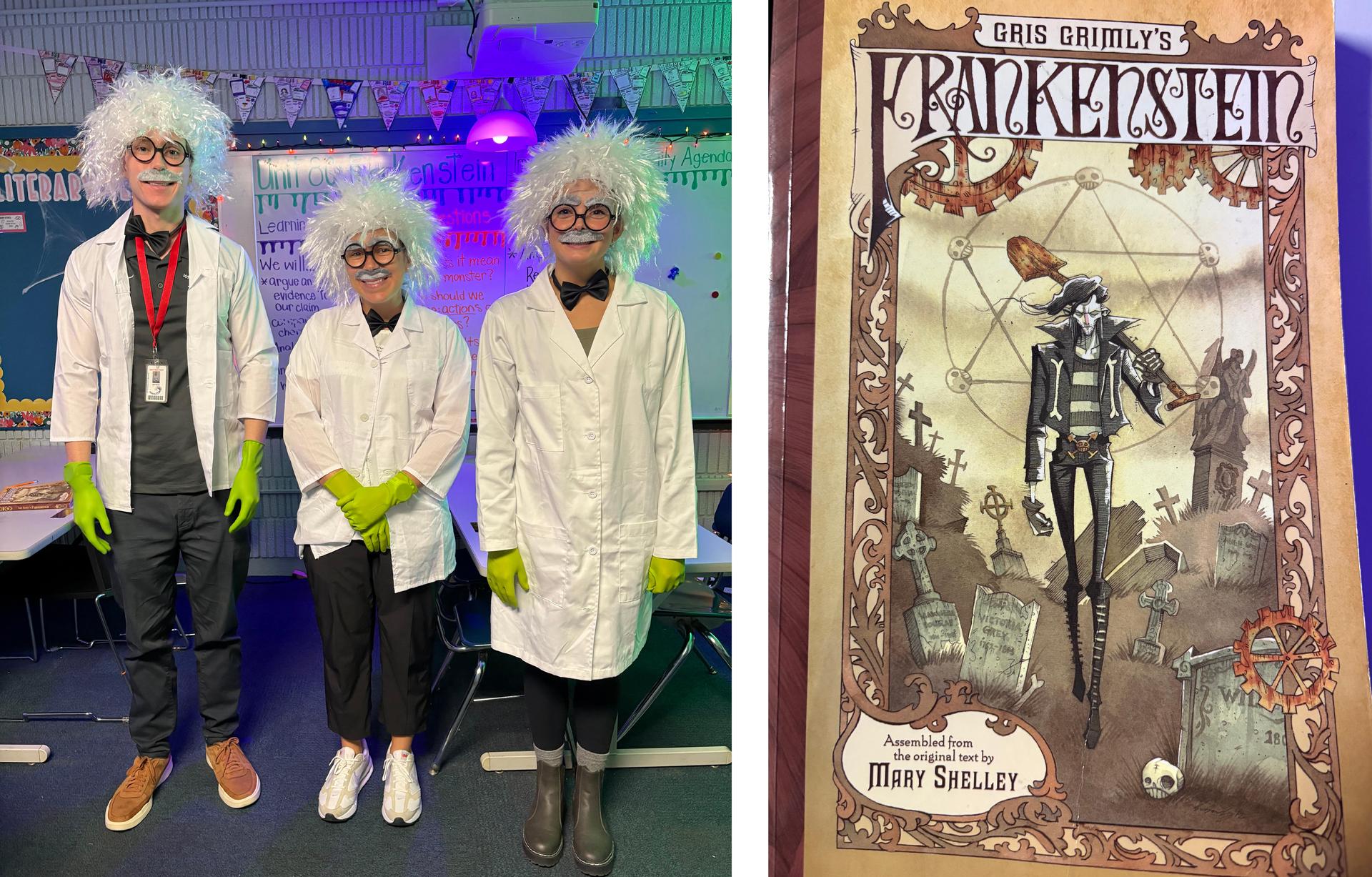 Three individuals dressed as scientists next to a book cover of Frankenstein.