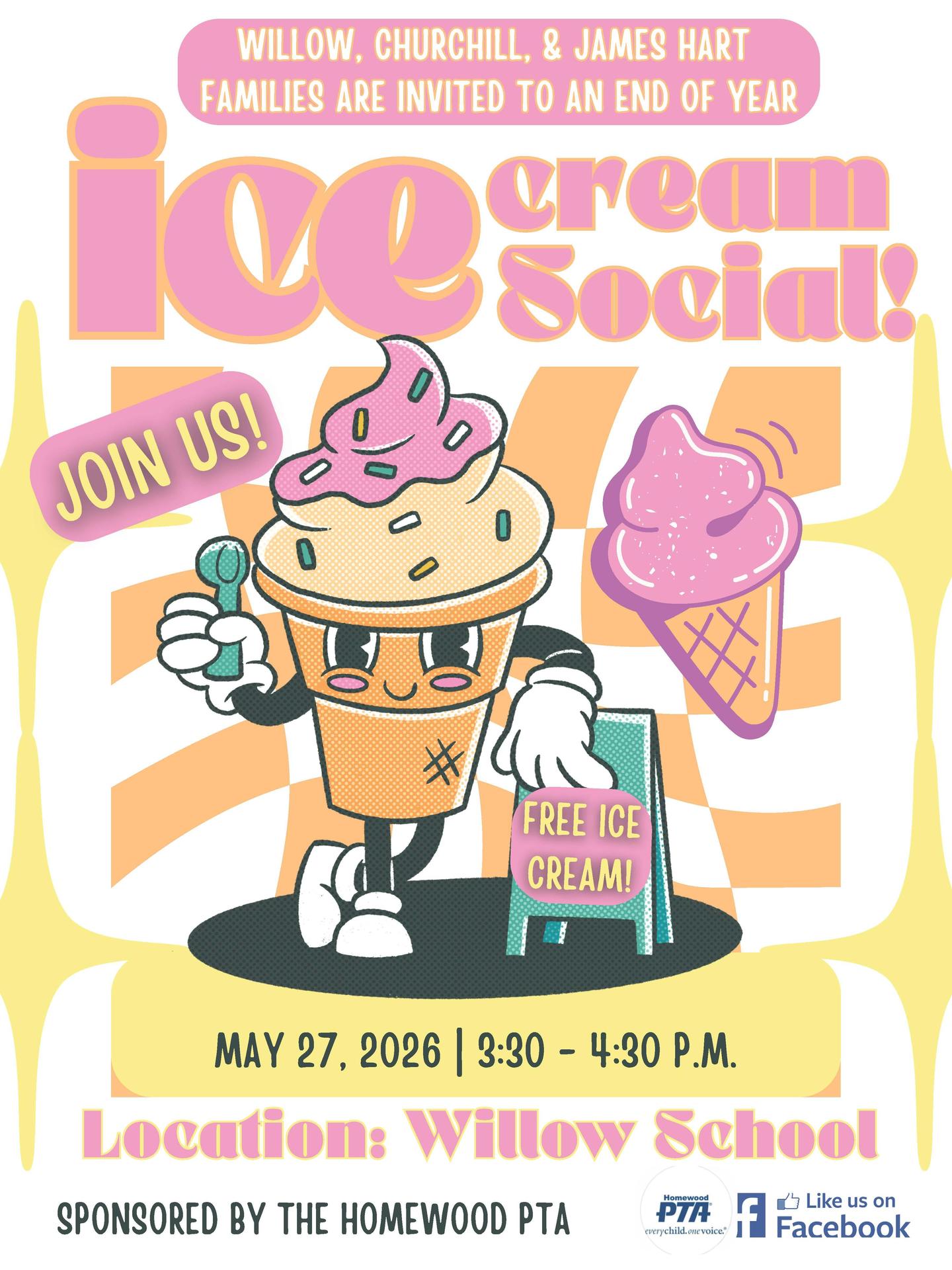 cartoon ice cream cone announces ice cream social on May 27th at Willow School, 3:30-4:30 PM