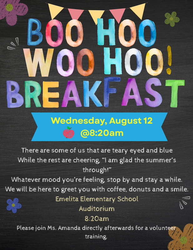 Welcome back to school coffee and donuts. August 12 at 8:30am