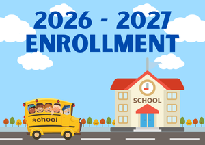 A school bus with children driving to a school building with a blue sky background and a title saying Enrollment.