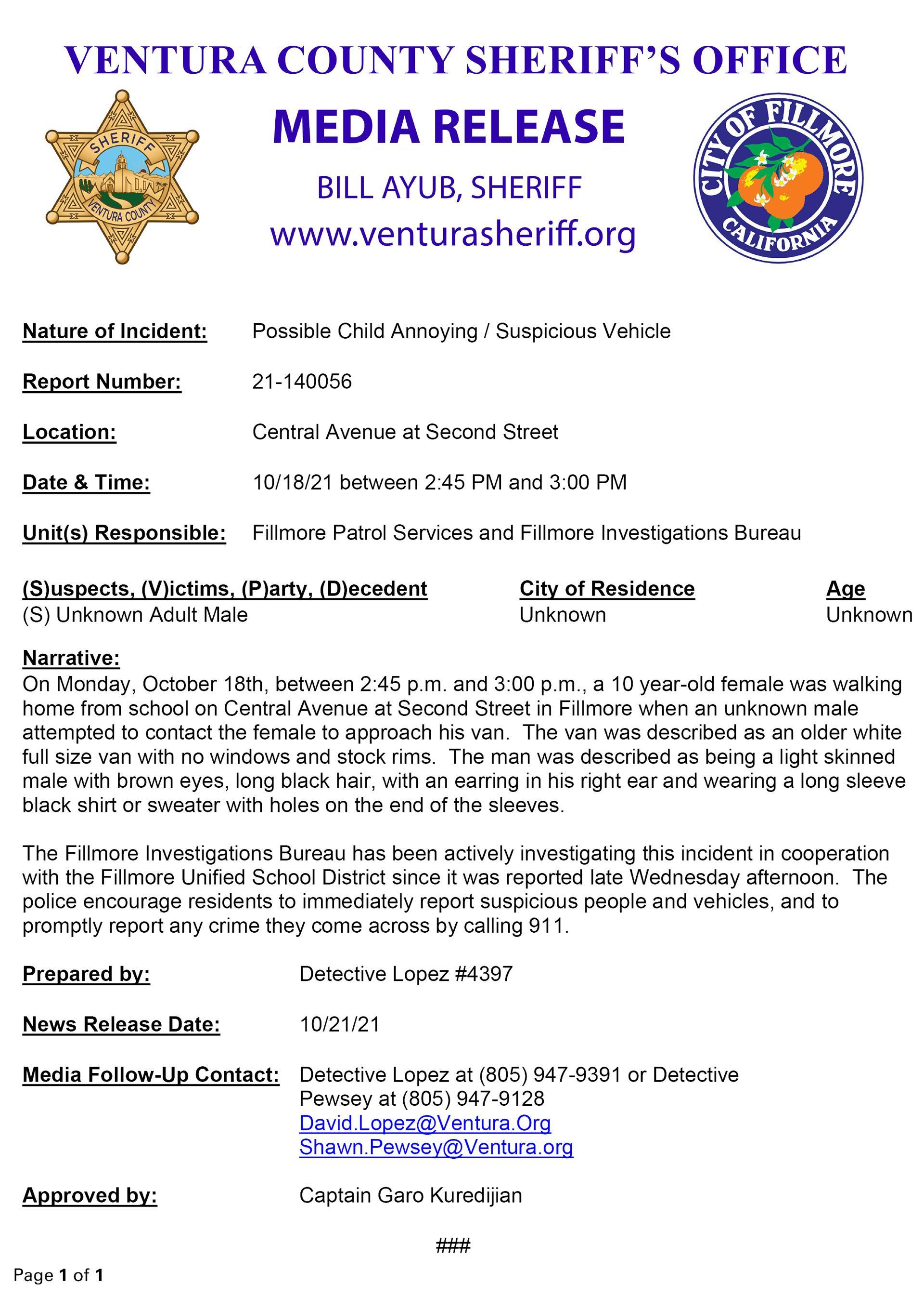 Ventura County Sheriff Media Release | Fillmore Unified School District