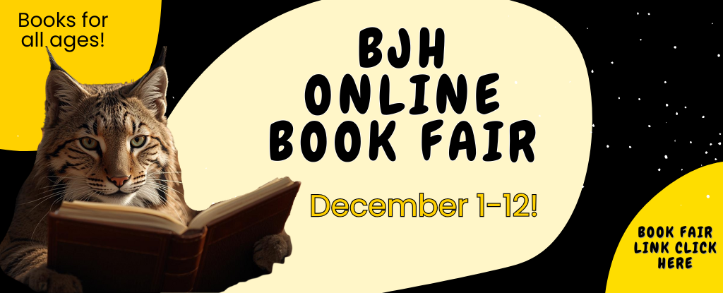 A bobcat reading a book, promoting the BJH Online Book Fair from December 1-12.