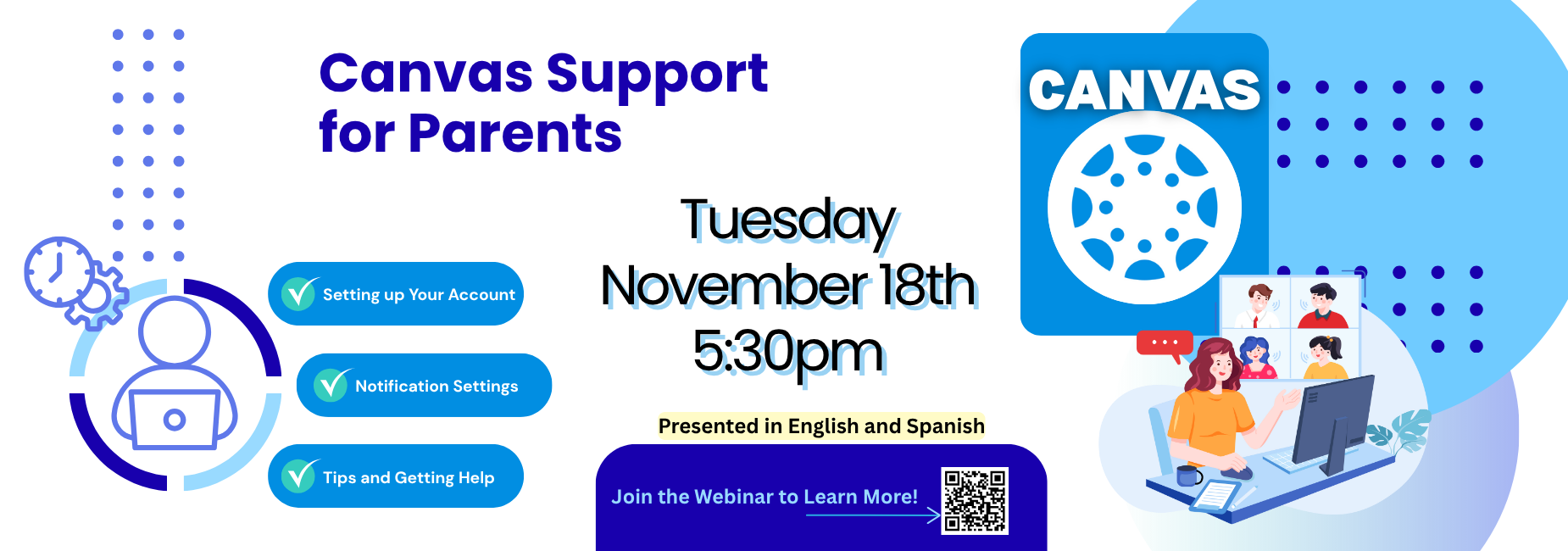 Computer and other tech symbols and the Canvas logo