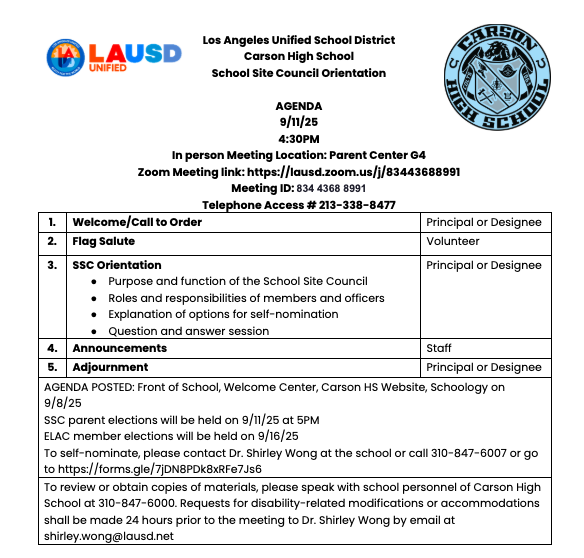 School Site Council Orientation 9/11/25 at 4:30pm