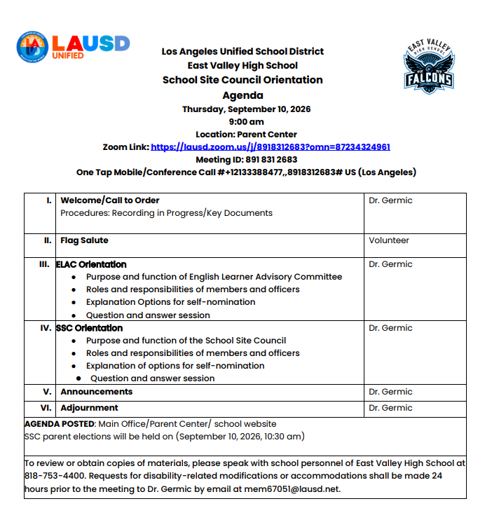 SSC Parent Orientation Agenda Thursday, September 10th at 9:00 am Featured Photo