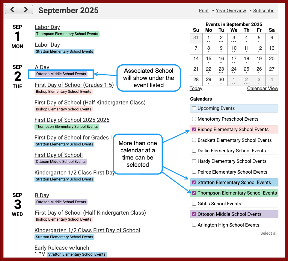 Screenshot of calendar with multiple school checked off and events at those school showing in list