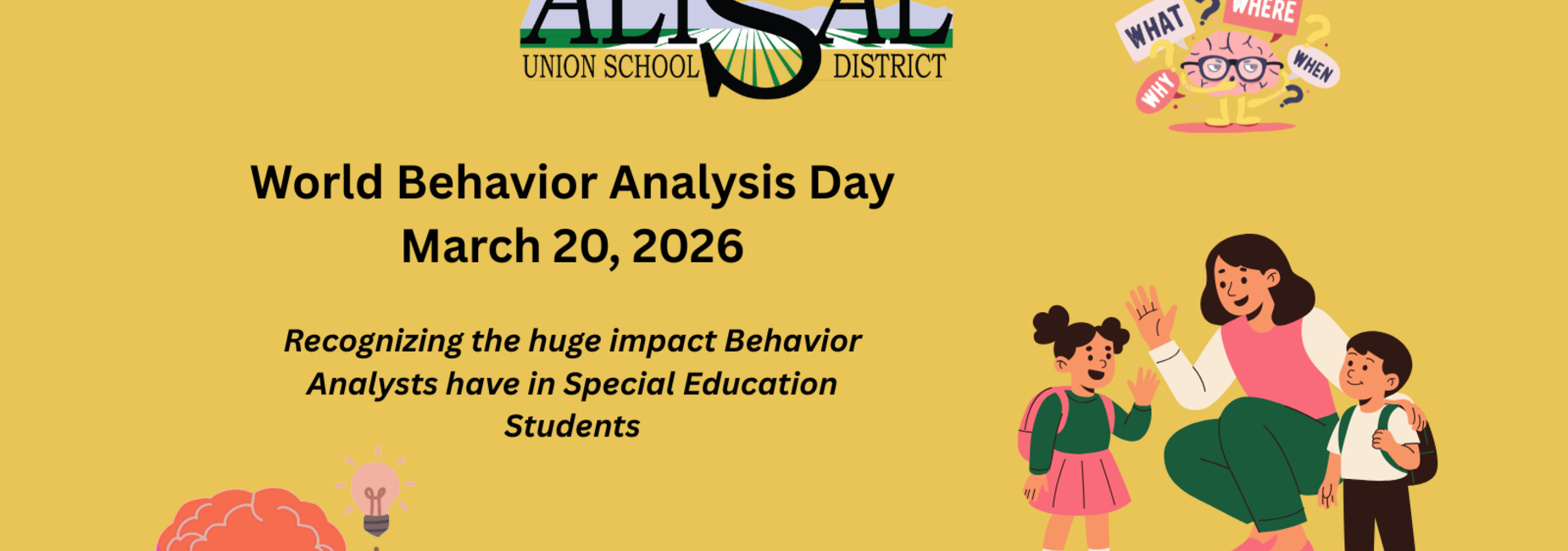 Colorful flyer for World Behavior Analysis Day with children and educational icons.