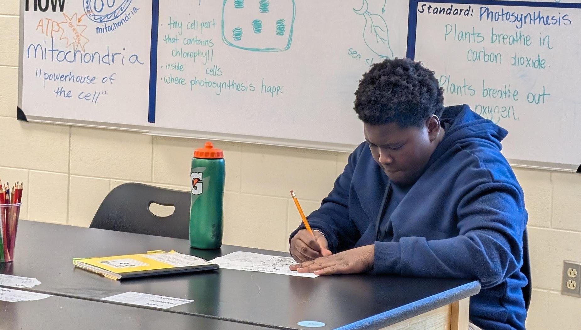 male student taking science notes in front of a whiteboard full of notes about chlorophyll