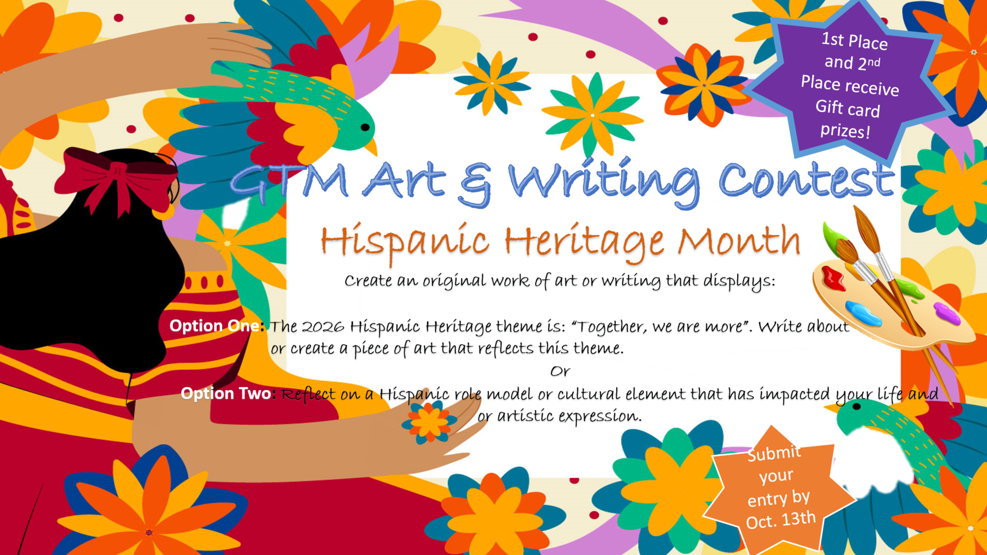 Colorful contest flyer for Hispanic Heritage Month with art and writing prompts.