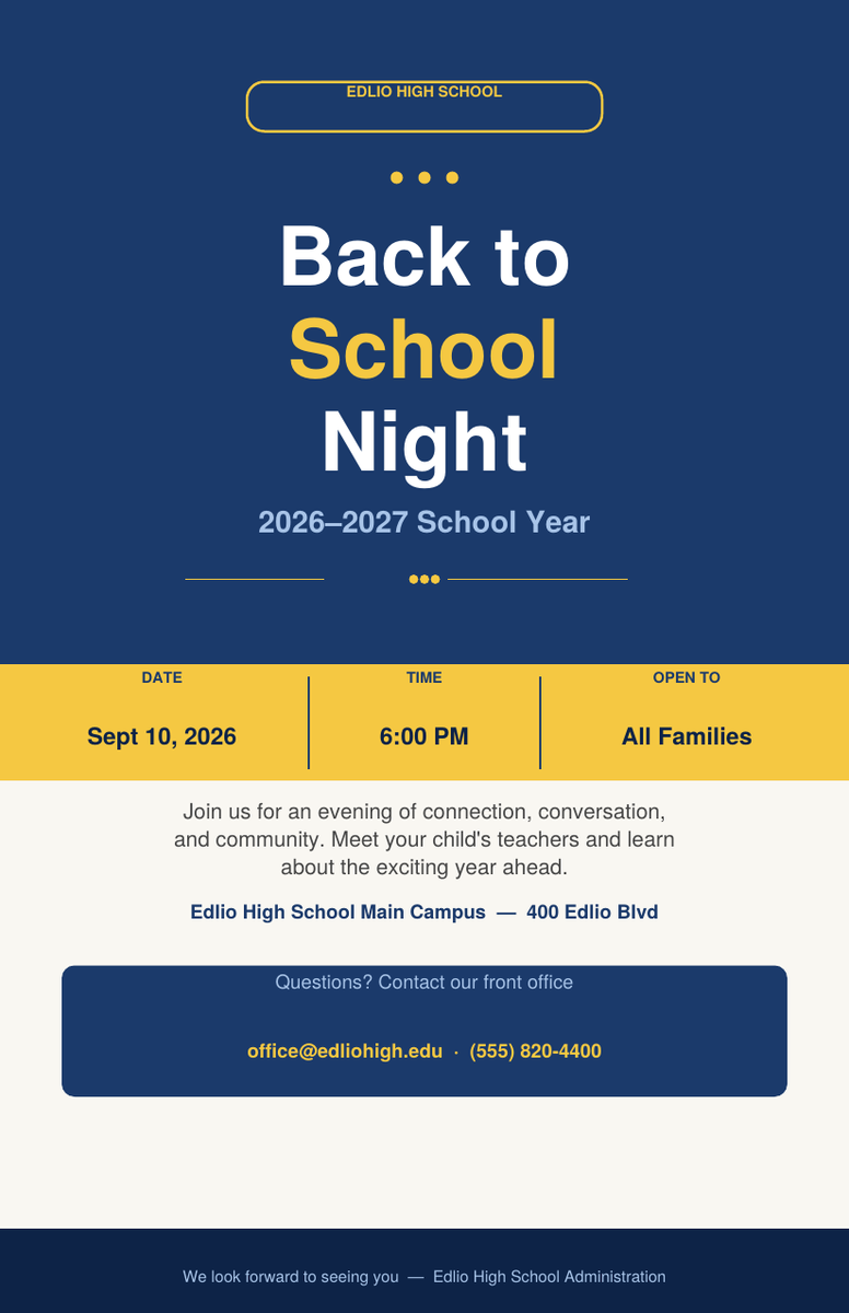 Back to School Night flyer with event details and contact information.