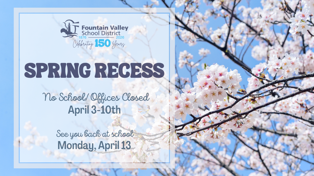 Cherry blossom branches with a blue sky background and text about spring recess. No School Offices closed April 3-10th