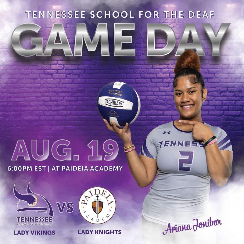 A volleyball game flyer announcing the game on Tuesday, August 19, 2025, at 6pm against Paideia Academy.