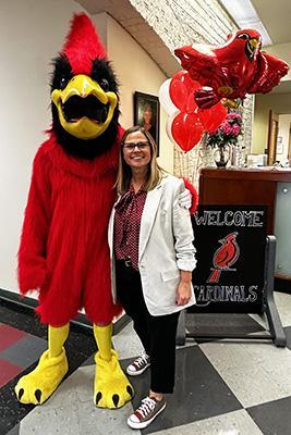 Head of School Jenn Lindsay pictured with James River Day School mascot, JR the Cardinal.