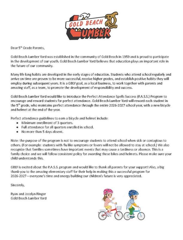 Letter from Gold Beach Lumber Yard announcing the Perfect Attendance Spells Success (P.A.S.S.) program for 5th graders.