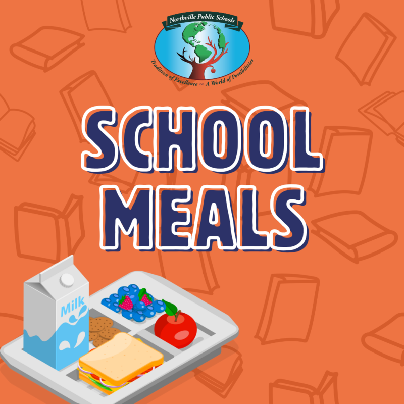 orange background with blue and white text and school meal tray.
