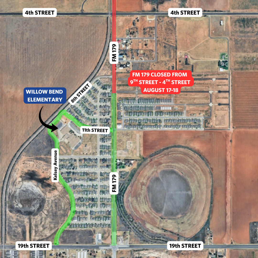 map showing closure of FM 179 from 9th to 4th street for Willow Bend