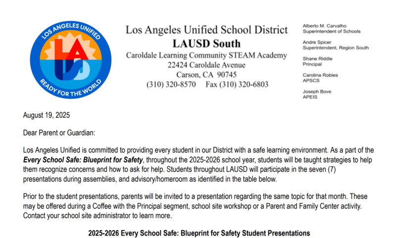 Every School Safe Letter