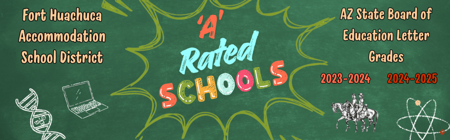 'A' Rated Schools chalkboard banner with school logo and chalkboard art.