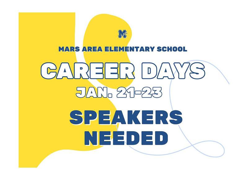 A yellow and white graphic withe the words Career Days, Speakers Neede