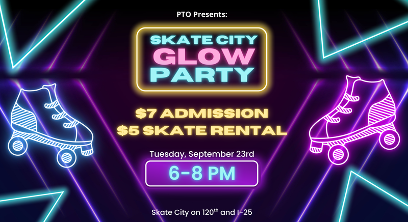 Neon shapes and roller skates on a black background. Text with spirit night information.