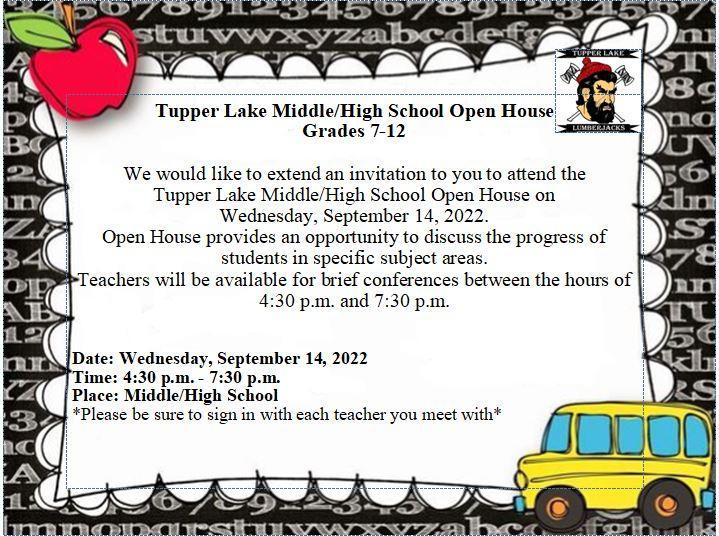 Tupper Lake MiddleHigh School Open House Grades 712 Tupper Lake Central School District