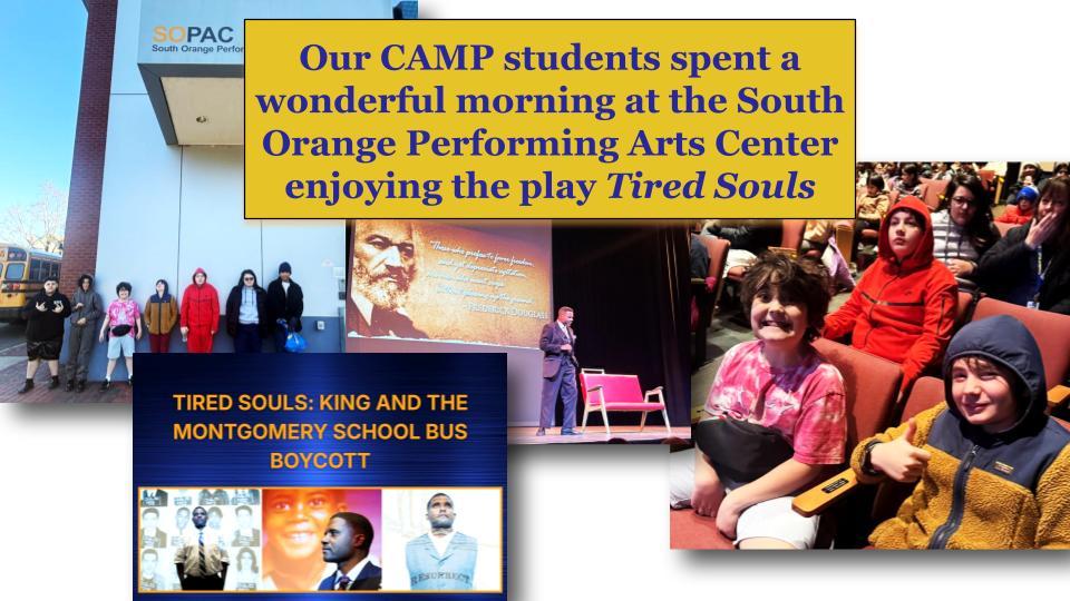 collage of CAMP students visiting the South Orange Performing Arts Center to see the play Tired Souls.