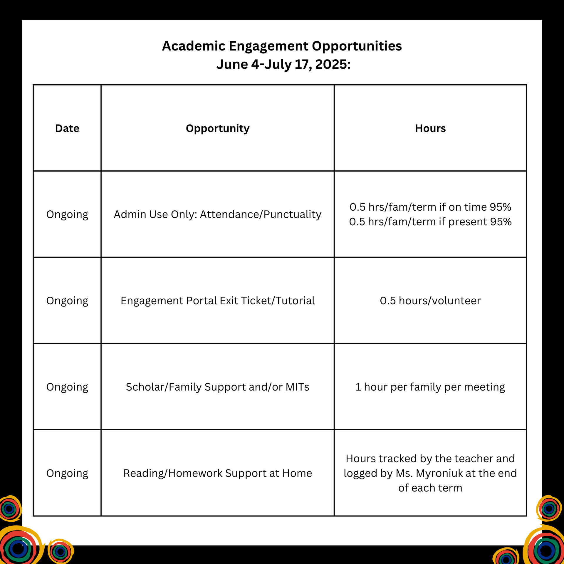 Black and white graphic that lists academic engagement opportunities