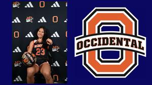 A female basketball player in a black uniform with number 23, holding a basketball, sits confidently against a backdrop with logos. Occidental logo on the right.