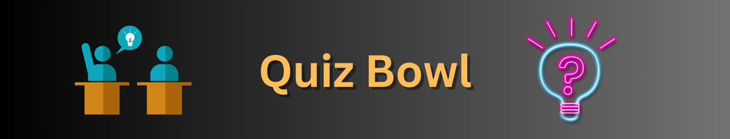 people raising hands at podium and text quiz bowl