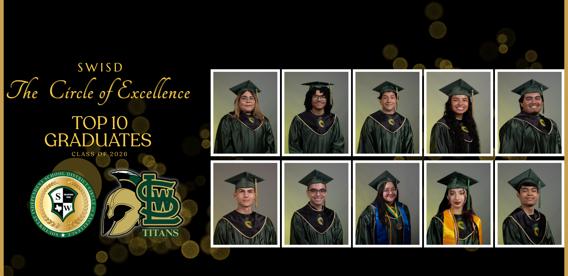 Ten graduates in dark green caps and gowns with golden bokeh background.