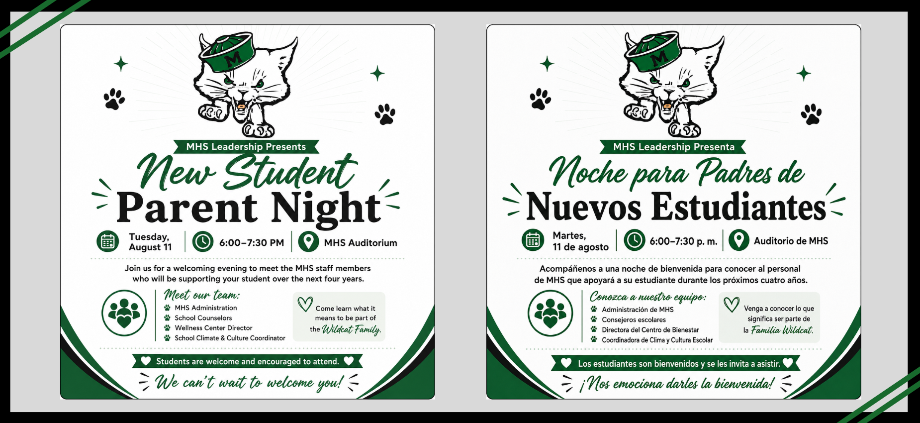 Information about New Student Parent Night event schedule.