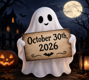 picture of ghost holding a sign of date