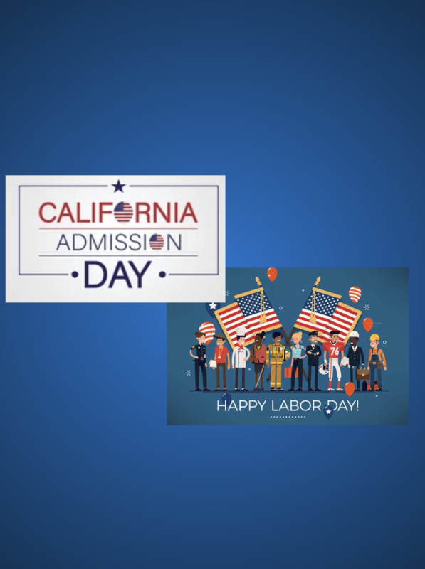 Graphics for California Admission Day and Happy Labor Day with patriotic themes.